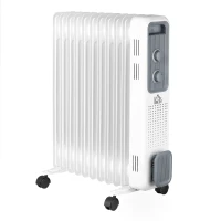 HOMCOM 2500W Oil Filled Radiator, 11 Fin, Portable Electric Heater with 3 Heat Settings, Safety Cut-Off and Wheels, White(m-1)