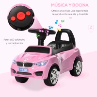 HOMCOM Coche Correpasillos para Niños de 18-36 Meses con Faros Música Bocina Volante Espacio de Almacenaje y Asa Rosa(m-4)