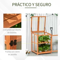 Outsunny Mini Invernadero de Jardín Invernadero de Madera y Paneles de Policarbonato Vivero Casero con 2 Estantes Tapas y Puerta para Plantas Huerto Jardinería 62x63x82 cm Madera Natural(m-5)