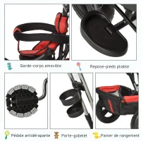 HOMCOM Tricycle Enfant évolutif Pare-Soleil Pliable Canne télescopique Amovible 92 x 51 x 110 cm Acier Rouge Noir(m-7)