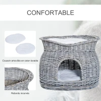 PawHut Panier chat lit chat cosy grand confort 56L x 37l x 40H cm 2 coussins amovibles osier gris(m-6)