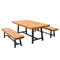 Outsunny Garden 3 Pieces Acacia Wood Picnic Table and 2 Benches Set Dining Trestle Beer Table Patio Outdoor Indoor Furniture(m-1)