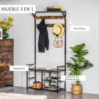 HOMCOM Perchero con Zapatero Perchero de Entrada Recibidor con 3 Estantes 9 Ganchos Patas Ajustables Estilo Industrial para Pasillo Dormitorio 84x34,5x180 cm Color Negro Marrón(m-4)