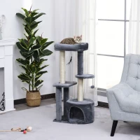 PawHut Cat Multi-Activity Tree Tower w/ Perch House Scratching Post Platform Play Ball Plush Covering Play Rest Relax Grey White(m-10)
