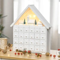 HOMCOM 24-Drawer Christmas Advent Calendar, Wooden Light-Up Traditional Decoration, Adults Kids Countdown Holiday House w/ Lights Handle White(m-2)