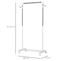 HOMCOM Estante de Ropa Perchero Estándar de Barra Altura Ajustable Portátil con Estante Inferior sobre Ruedas Tubería de Acero 68,5x42x87-145 cm Blanco Plata(m-3)