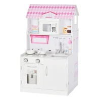 HOMCOM Cuisine Bois Jeu d'imitation - Maison de poupée Cuisine Enfant 2 en 1 - Nombreux Accessoires & rangements Inclus - MDF pin Rose Blanc(m-1)