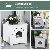PawHut Casa para Gatos de Madera Mueble Arenero Gatos con Puerta y Entrada en Forma de Garra Cueva de Gatos para Descanso 48x51x51 cm Blanco(m-4)