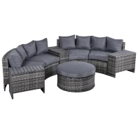 Outsunny 8 Pieces Outdoor PE Rattan Patio Sofa Set Half Round Conversation Furniture Set w/ Umbrella Hole and Two Stroage Functional Side Tables and Cushioned, Grey(m-1)