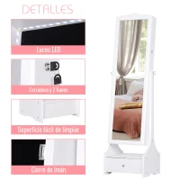 HOMCOM Espejo Joyero de Pie Armario de Joyería con Luces LED Cerradura Cajones Espejo y Mesa Interior Abatible para Comésticos 45x36x150cm(m-7)