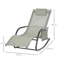 Outsunny Chaise Longue à Bascule - Rocking Chair Ergonomique - tétière Amovible, accoudoirs, Pochette Rangement - métal époxy textilène Gris Clair(m-3)