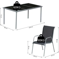 Outsunny Ensemble de jardin 6 pers. - table de jardin extérieure avec 6 chaises empilables plateau verre trempé 5 mm métal époxy gris textilène noir(m-3)