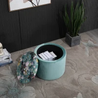 HOMCOM Taburete de Almacenaje Baúl Puf o Reposapiés Redondo con Tapa Extraíble Acolchado y Tapizado para Sala de Estar Dormitorio Φ50x38 cm Turquesa(m-2)