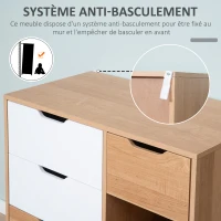 HOMCOM Buffet de salle à manger et cuisine Commode Meuble de Rangement sur Pieds avec 4 tiroirs 2 niches Style scandinave Blanc Aspect Bois Clair(m-6)