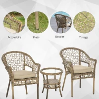 Outsunny Ensemble bistro de jardin style bohème chic 2 fauteuils avec coussins + table basse résine tressée beige(m-6)