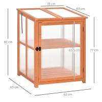 Outsunny Mini Invernadero de Jardín Invernadero de Madera y Paneles de Policarbonato Vivero Casero con 2 Estantes Tapas y Puerta para Plantas Huerto Jardinería 62x63x82 cm Madera Natural(m-3)