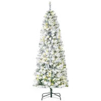 HOMCOM 6FT Prelit Artificial Snow Flocked Christmas Tree with Warm White LED Light, Holiday Home Xmas Decoration, Green White(m-1)