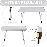 Mesa de Picnic Mesa para Camping Plegable con Altura Regulable en 45-65 cm Estructura Estable de Aluminio con Bolsa de transporte Soporta 30 kg 90x53 cm Plateado(m-4)