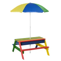 Outsunny Kids Picnic Table Set Wooden Bench Rainbow with Sandbox Removable & Height Adjustable Parasol Outdoor Garden Patio Backyard Beach 95 x 88.5 x 48.7cm(m-11)