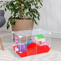 PawHut Hamster Cage, Small Gerbil Cage 2 Tiers Portable w/ Handle, Exercise Wheel, Water Bottle, Dishes(m-10)