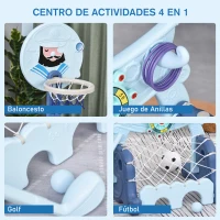 HOMCOM Canasta de Baloncesto con Soporte 4 en 1 Juego de Golf Balón de Fútbol con Altura Ajustable Centro de Actividades para Niños de +3 Años 58x56x154 cm Azul(m-6)