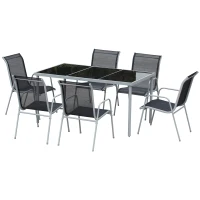 Outsunny Ensemble de jardin 6 pers. - table de jardin extérieure avec 6 chaises empilables plateau verre trempé 5 mm métal époxy gris textilène noir(m-4)