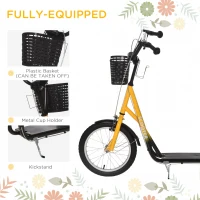HOMCOM Kids Scooter, Kick Stunt Scooter with Adjustable Handlebar, Dual Brakes, Basket, Cupholder, Mudguard, 16" Inflatable Rubber Wheels, for 5-12 years, Orange(m-6)
