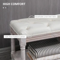 HOMCOM 2-Tier Bed End Bench, Vintage Stool, Wooden Window Seat with Storage Shelf, Button Tufted Upholstered Footstool for Living Room, Bedroom, Entryway, Cream White(m-5)