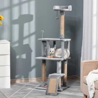 PawHut Cat Tree Tower for Indoor Cats 142cm Climbing Kitten Activity Center with Jute Scratching Post  Board Perch Roomy Condo Removable Felt Hanging Toy, Grey(m-9)