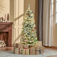 HOMCOM 5FT Prelit Artificial Snow Flocked Christmas Tree with Warm White LED Light, Holiday Home Xmas Decoration, Green White(m-10)