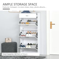 HOMCOM Shoe Cabinet with 3 Flip Drawers, High Gloss Shoe Storage Cabinet with Top Drawer and Adjustable Shelves, Shoe Cupboard for 18 Pairs, White(m-4)