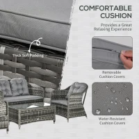 Outsunny 4 Pieces Outdoor PE Rattan Garden Furniture with Cushions, Aluminium Patio Wicker Conservatory Sofa Set with Glass Top Coffee Table, Mixed Grey(m-5)