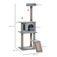 PawHut Cat Tree Tower for Indoor Cats 142cm Climbing Kitten Activity Center with Jute Scratching Post  Board Perch Roomy Condo Removable Felt Hanging Toy, Grey(m-3)