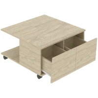 HOMCOM Mesa de Centro con Ruedas Mesa Baja de Salón con 2 Estantes Abiertos y 2 Cajones de Almacenaje 70x70x35 cm Natural(m-1)
