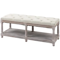 HOMCOM 2-Tier Bed End Bench, Vintage Stool, Wooden Window Seat with Storage Shelf, Button Tufted Upholstered Footstool for Living Room, Bedroom, Entryway, Cream White(m-11)