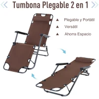 Outsunny Tumbona Relax Plegable con Respaldo Ajustable Reposabrazos Almohada y Reposapiés Carga 136 kg 135x60x89 cm Marrón(m-4)