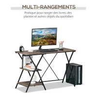 HOMCOM Bureau Informatique Design Industriel 2 étagères châssis piètement croisé métal Noir MDF Aspect Bois Brun(m-4)