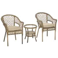 Outsunny Ensemble bistro de jardin style bohème chic 2 fauteuils avec coussins + table basse résine tressée beige(m-1)