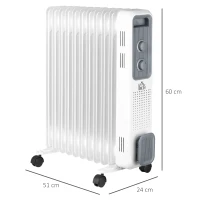 HOMCOM 2500W Oil Filled Radiator, 11 Fin, Portable Electric Heater with 3 Heat Settings, Safety Cut-Off and Wheels, White(m-3)