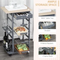 HOMCOM Rolling Kitchen Cart, Utility Storage Cart with 4 Basket Drawers & Side Racks, Wheels for Dining Room, Grey(m-5)