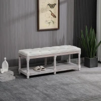 HOMCOM 2-Tier Bed End Bench, Vintage Stool, Wooden Window Seat with Storage Shelf, Button Tufted Upholstered Footstool for Living Room, Bedroom, Entryway, Cream White(m-10)