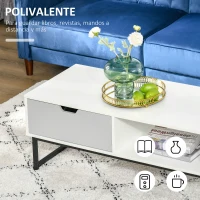 HOMCOM Mesa de Centro para Salón Moderna con Estante Abierto Cajón y Patas Elevadas Mesa Auxiliar para Sala de Estar Oficina 106x48x43 cm Blanco(m-7)