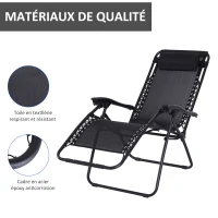 Outsunny Chaise Longue Pliable de Jardin zéro gravité tétière Acier textilène imperméable Noir(m-6)