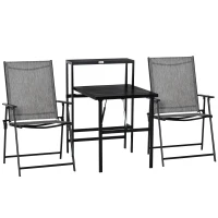 Outsunny 3 Pcs Folding Garden Furniture Set, Foldable Table and 2 Chairs Set w/ Side Shelf, Metal Frame, Indoor Outdoor Patio Balcony(m-1)