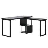HOMCOM Mesa Escritorio en L Mesa para Oficina Giratoria 360 Grados Múltiples Formas con Estante en S de 2 Niveles Gran Espacio de Almacenaje 220x55x76 cm Negro(m-1)