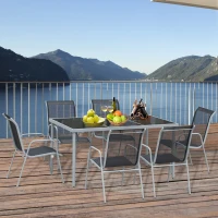 Outsunny Ensemble de jardin 6 pers. - table de jardin extérieure avec 6 chaises empilables plateau verre trempé 5 mm métal époxy gris textilène noir(m-5)