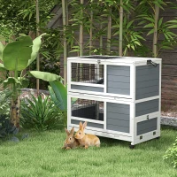 PawHut Double Deckers Guinea Pig Cage, Indoor Rabbit Hutch with Feeding Trough, Trays, Ramps, Openable Top - Grey(m-2)