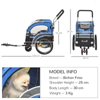 PawHut 2-in-1 Dog Bike Trailer Pet Cart Carrier Stroller for Bicycle with 360° Rotatable Front Wheel, Reflectors, Weather Resistant Canopy, Hitch Coupler, Flag, Blue(m-3)