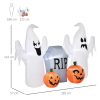 HOMCOM Fantasmas Inflables de Halloween con Luces LED Decoración Hinchable con Calabaza y Lápida para Interior Exterior 182x57x122 cm Multicolor(m-3)
