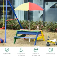 Outsunny Kids Picnic Table Set Wooden Bench Rainbow with Sandbox Removable & Height Adjustable Parasol Outdoor Garden Patio Backyard Beach 95 x 88.5 x 48.7cm(m-4)